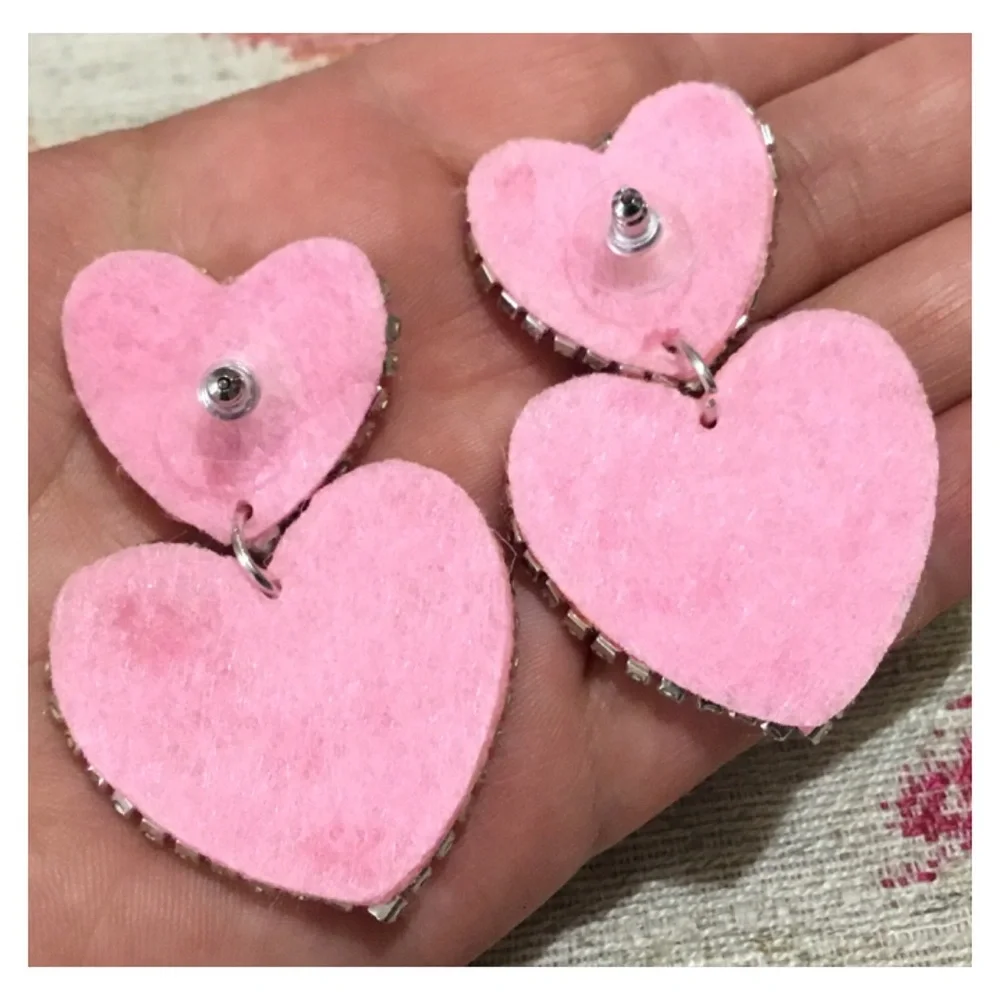 New! Large Pink Bead Rhinestone Hearts Studded Earrings